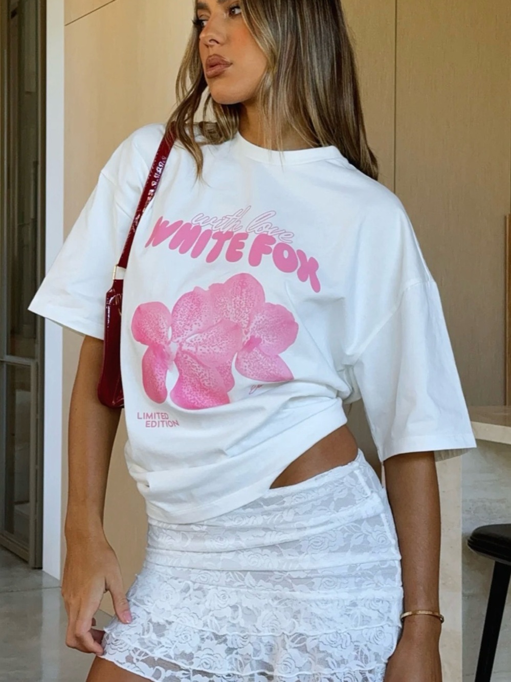 White Fox Boutique White Tee with Pink Floral Graphic